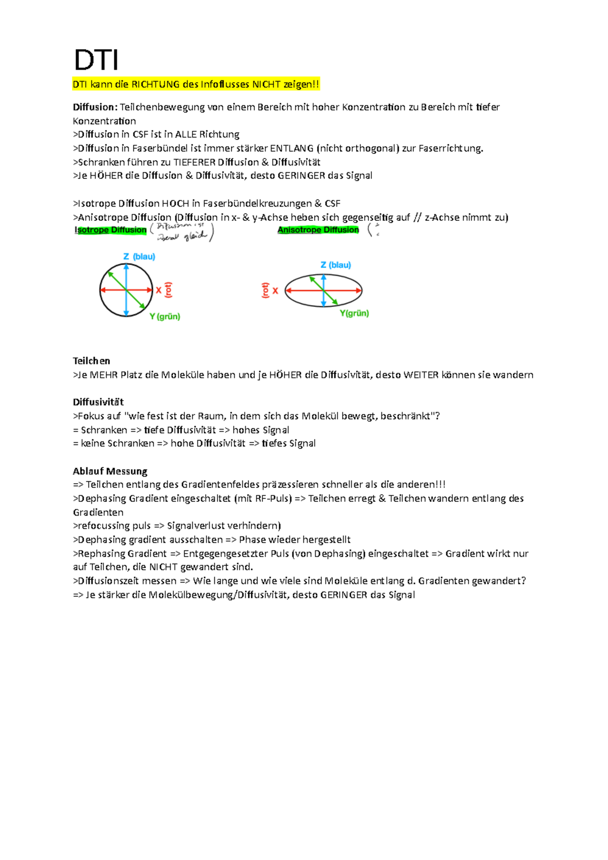 DTI Bearbeitung Zusammenfassung DTI DTI kann die RICHTUNG des