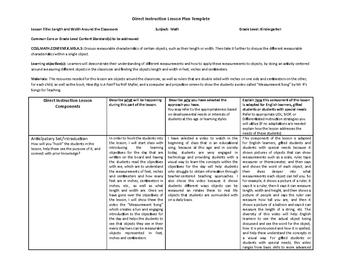 Eduu 512 Direct Instruction Lesson Plan Studocu