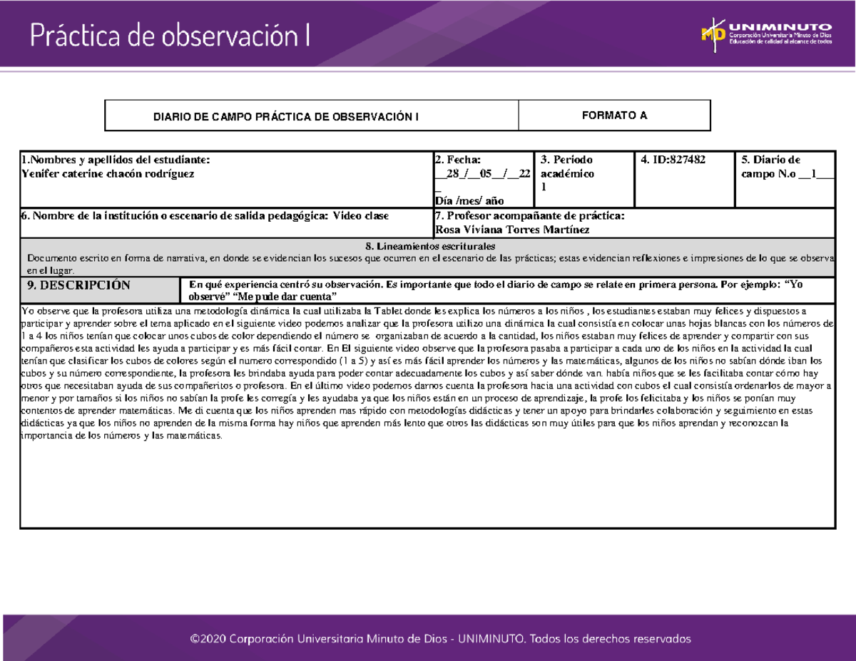 Practica de observacion 1 - DIARIO DE CAMPO PRÁCTICA DE OBSERVACIÓN I