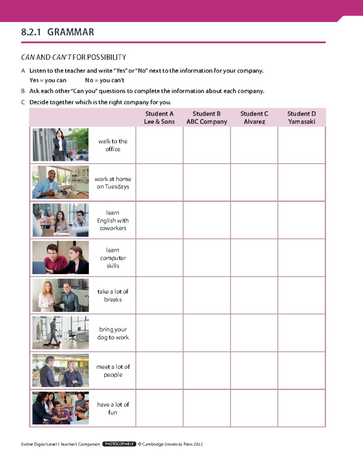 Evolve Digital Level 1 Worksheets 8.2 - CAN AND CAN’T FOR POSSIBILITY A ...