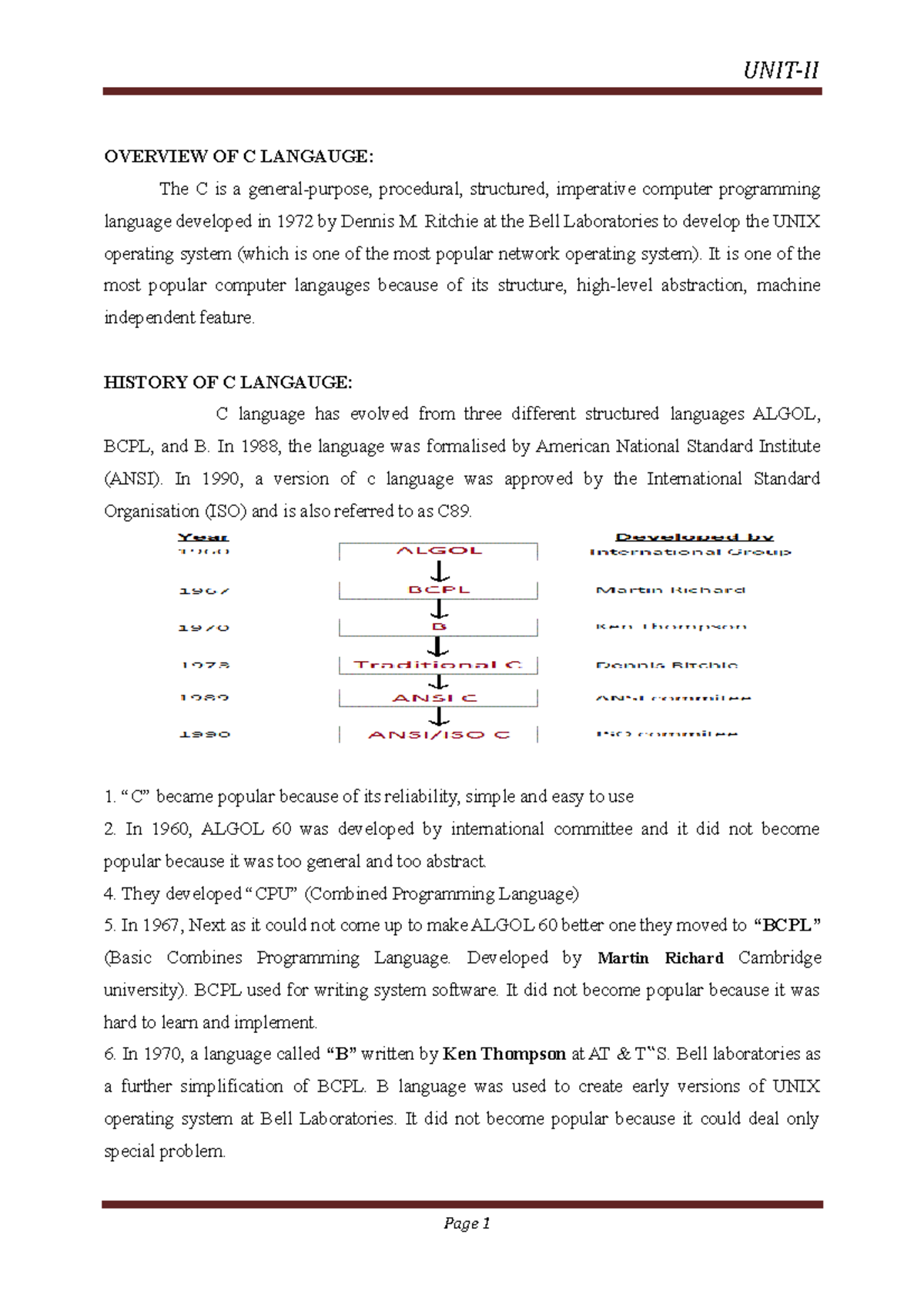 UNIT-2 - Brief about c program - OVERVIEW OF C LANGAUGE: The C is a ...