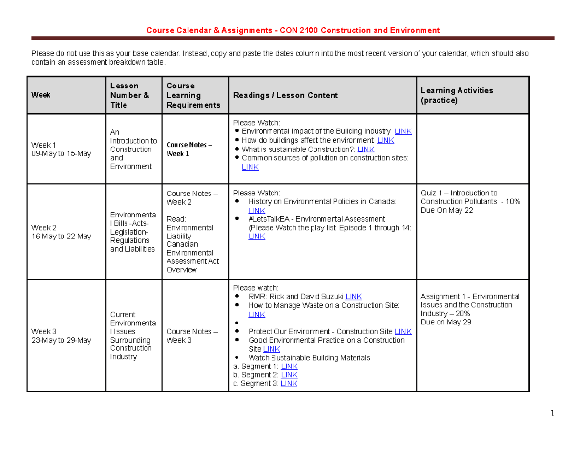 CON 2100 Construction and Environment - Calendar - Please do not use ...