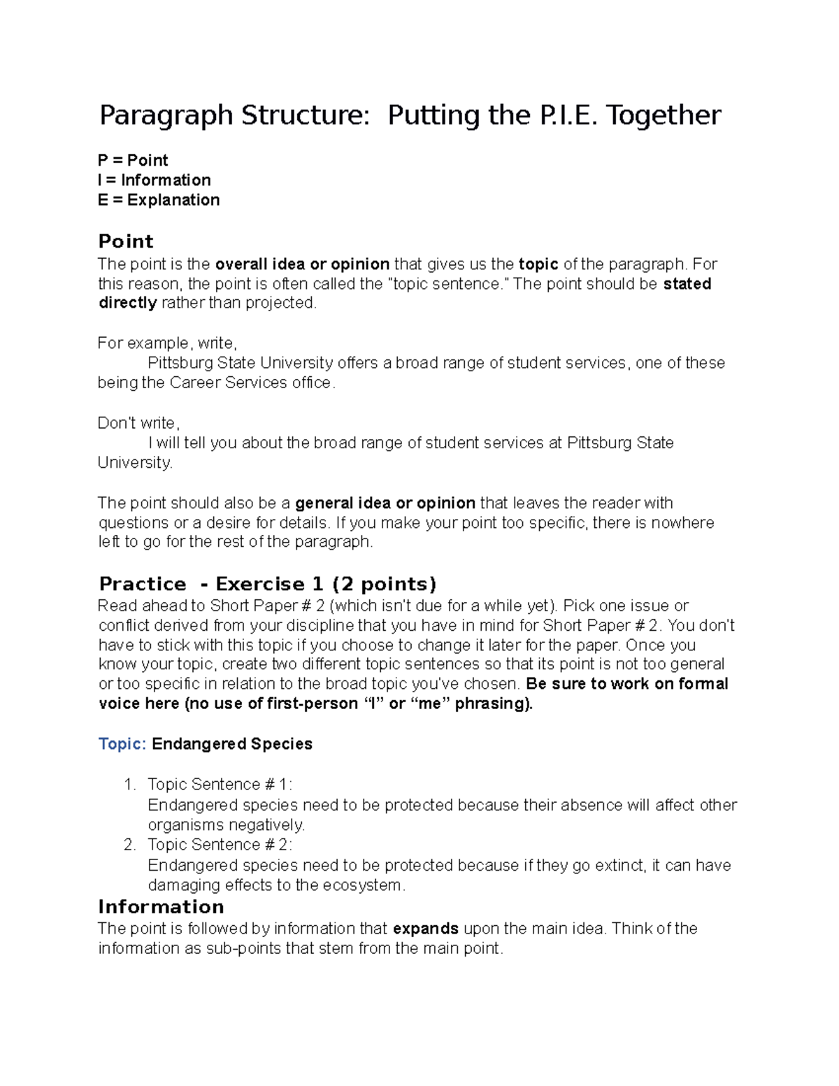 Paragraph Development Activity - Paragraph Structure: Putting the P.I ...