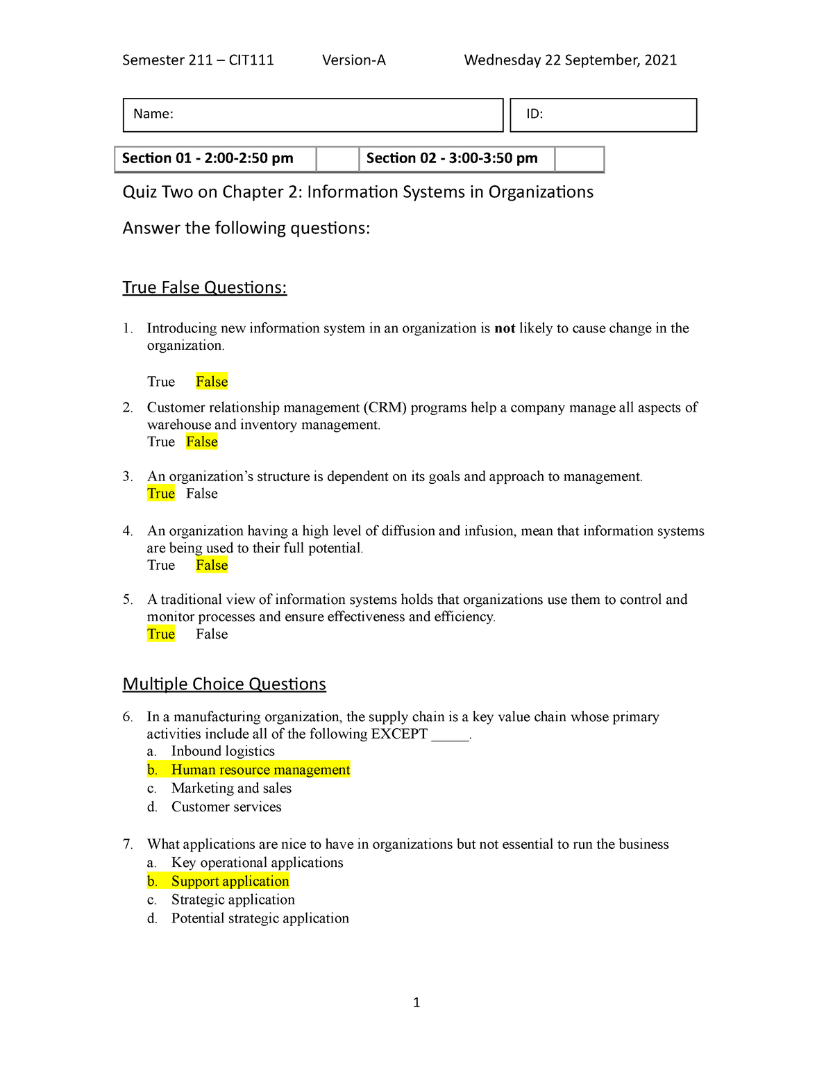 211 CIT111 Quiz 2 A Solution - Semester 211 – CIT111 Version-A ...