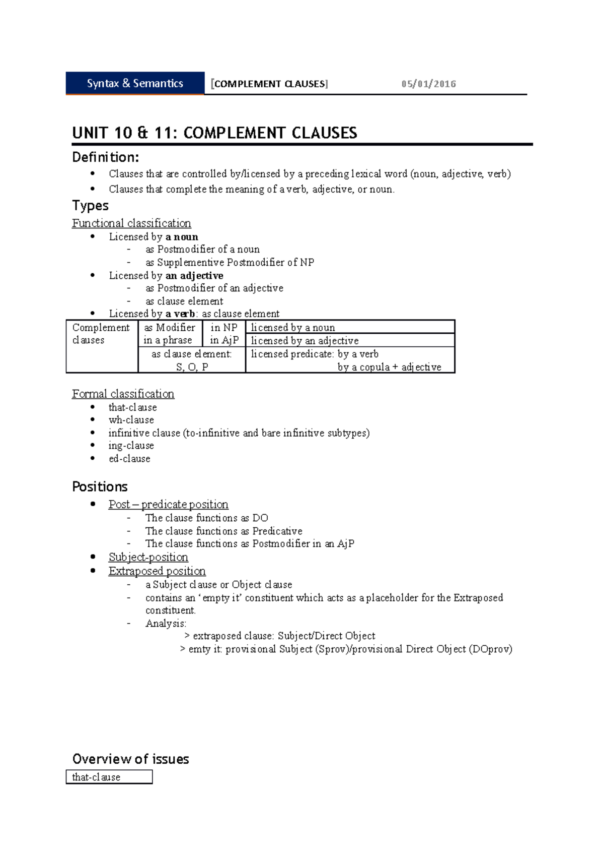 UNIT 10 & 11 Complement Clauses - Syntax Semantics UNIT 10 11 ...
