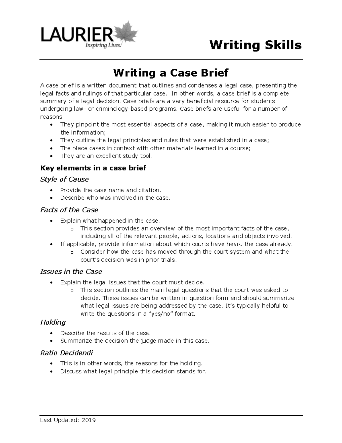 Writing a case brief Example Writing Skills Last Updated 2019 