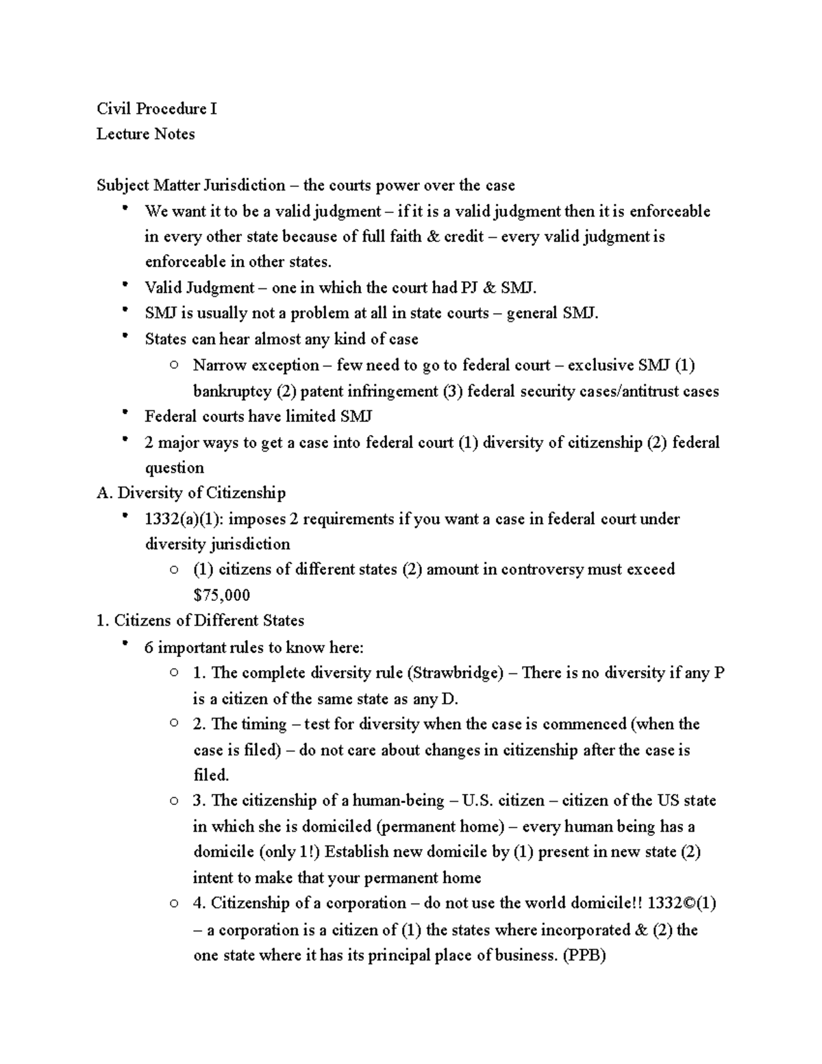 Subject Matter Jurisdiction Civil Procedure I Lecture Notes Subject