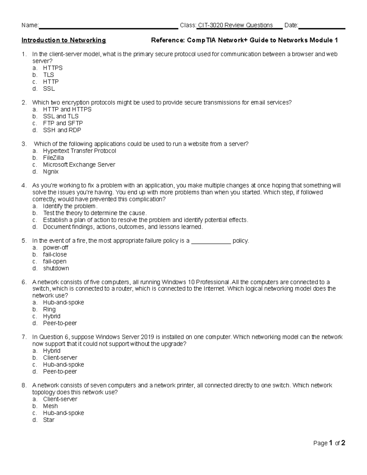 Module 1 Review Questions Name Class CIT3020 Review Questions Date