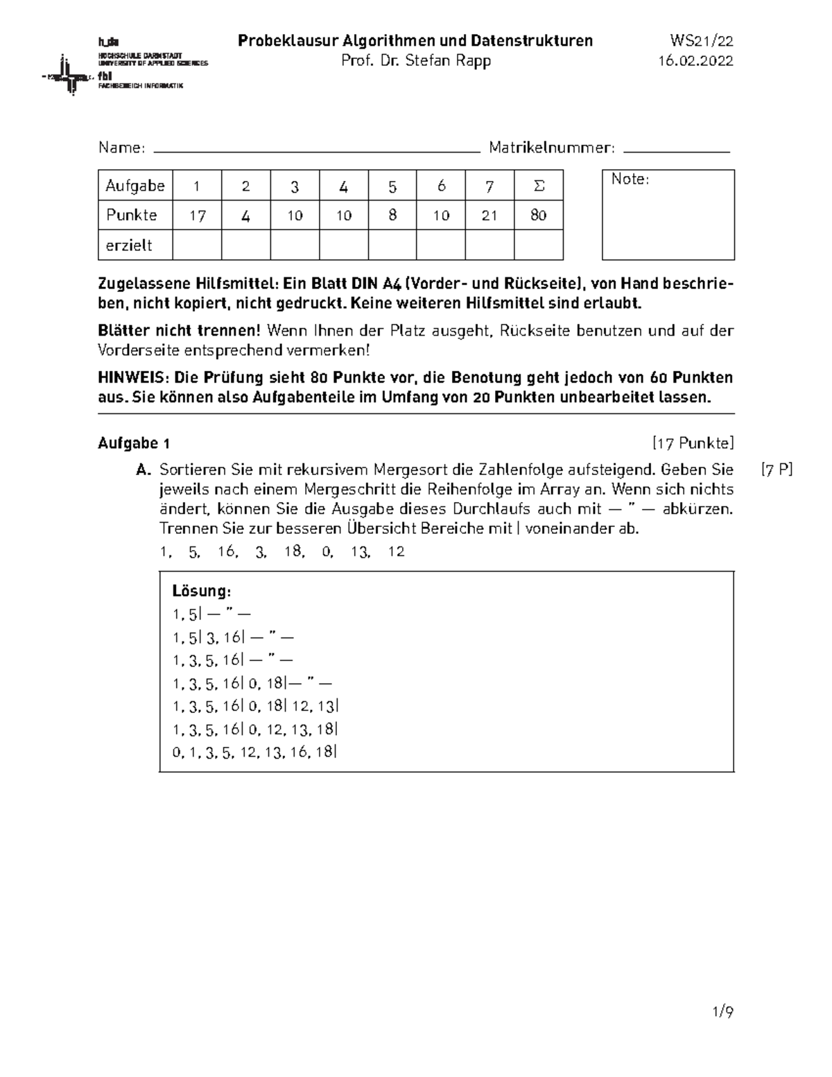 Probeklausur-ml - Probeklausur - Probeklausur Algorithmen Und ...