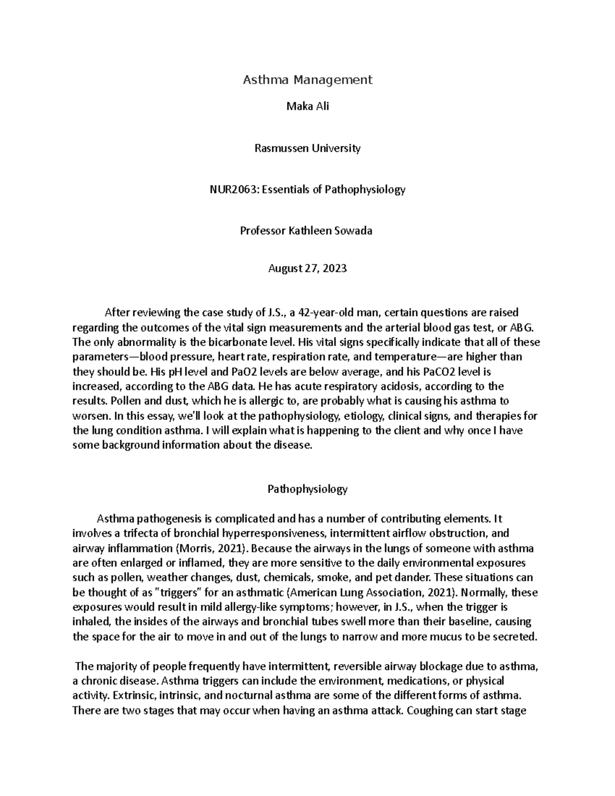 M - khjggk - Asthma Management Maka Ali Rasmussen University NUR2063 ...