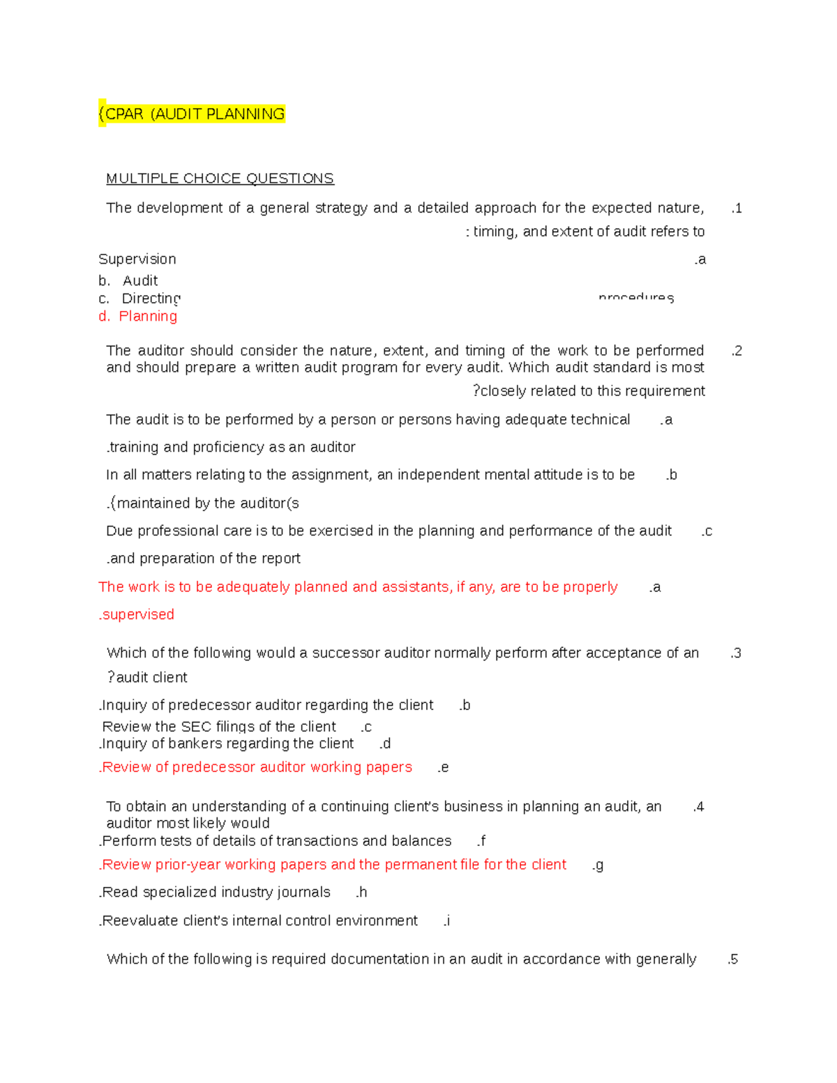 Auditing Theory CPAR Salosagcol - (CPAR (AUDIT PLANNING MULTIPLE CHOICE ...