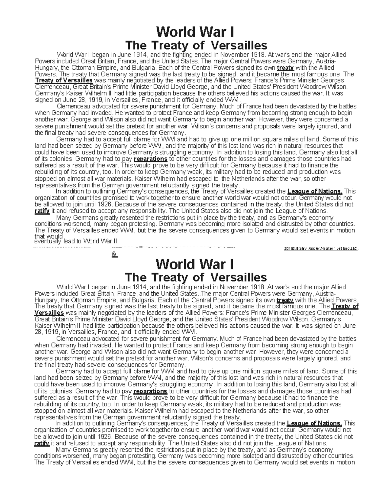 Versailles - Easy. - World War I The Treaty of Versailles World War I ...