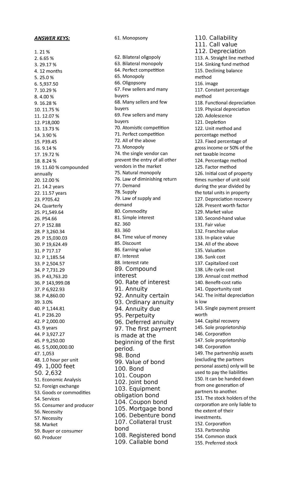 Answer KEYS Engineering Economy - ANSWER KEYS: 1. 21 % 2. 6 % 3. 29 % ...