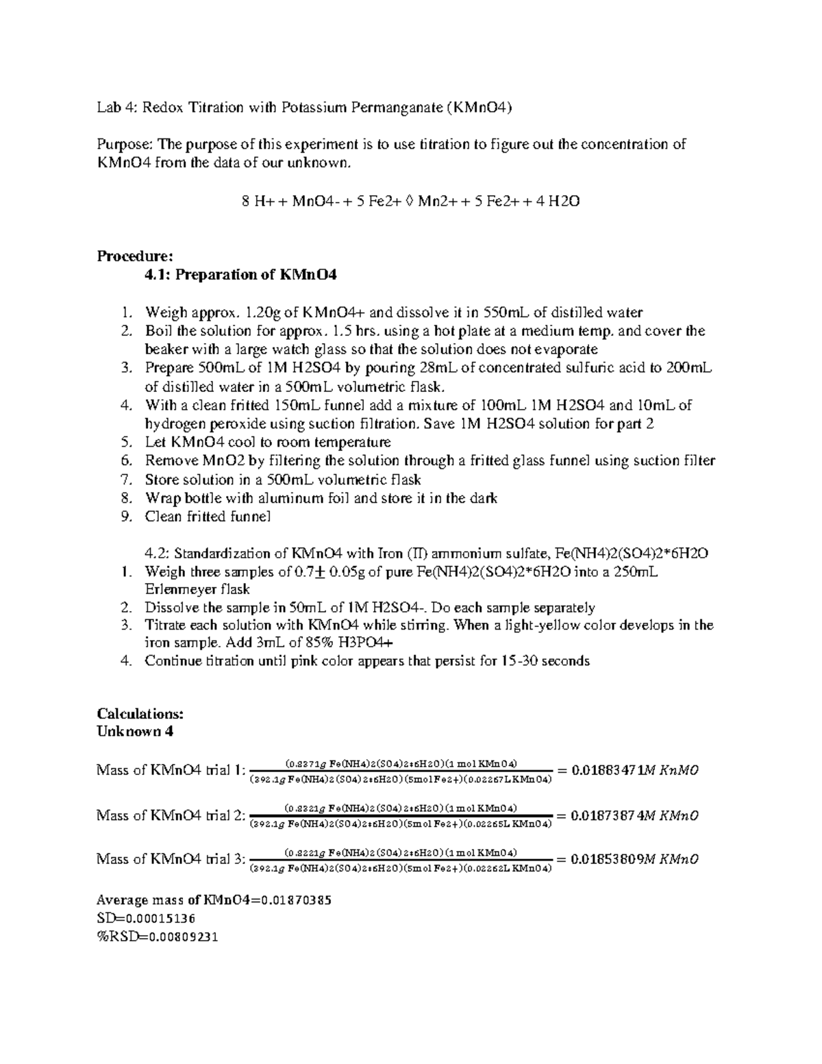 Lab 4 Redox Titration with Potassium Permanganate (KMnO4) Studocu
