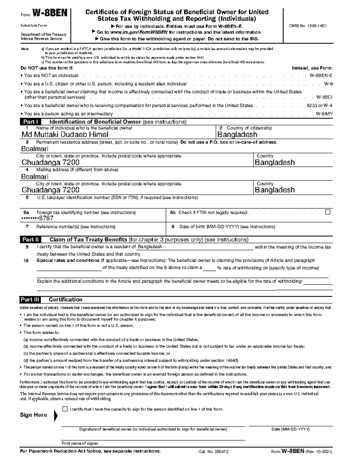 Affiliate marketing - FormW-8BEN Substitute Form Department of the ...