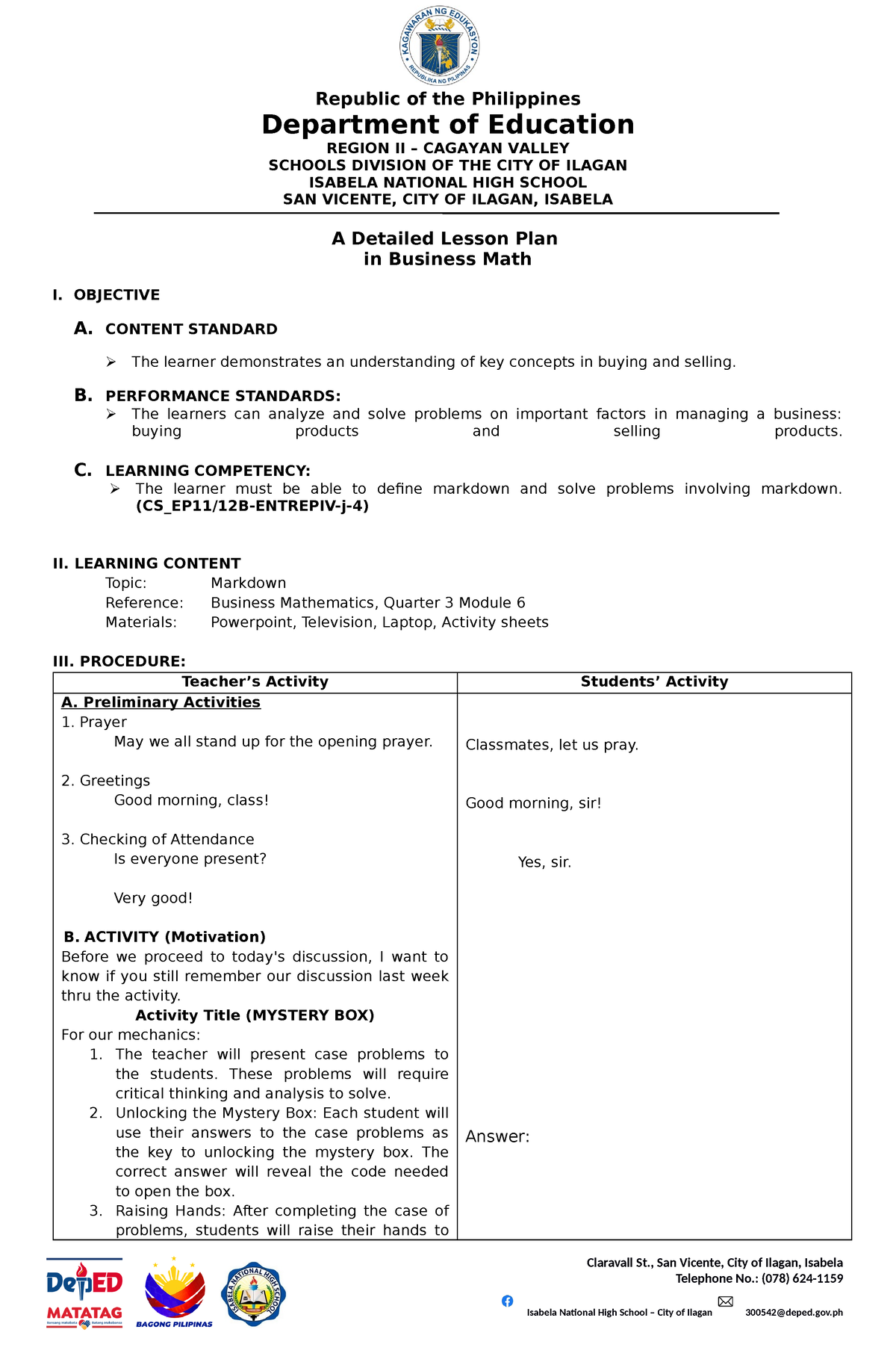 A Detailed Lesson Plan CO3 Business MATH - Department of Education ...