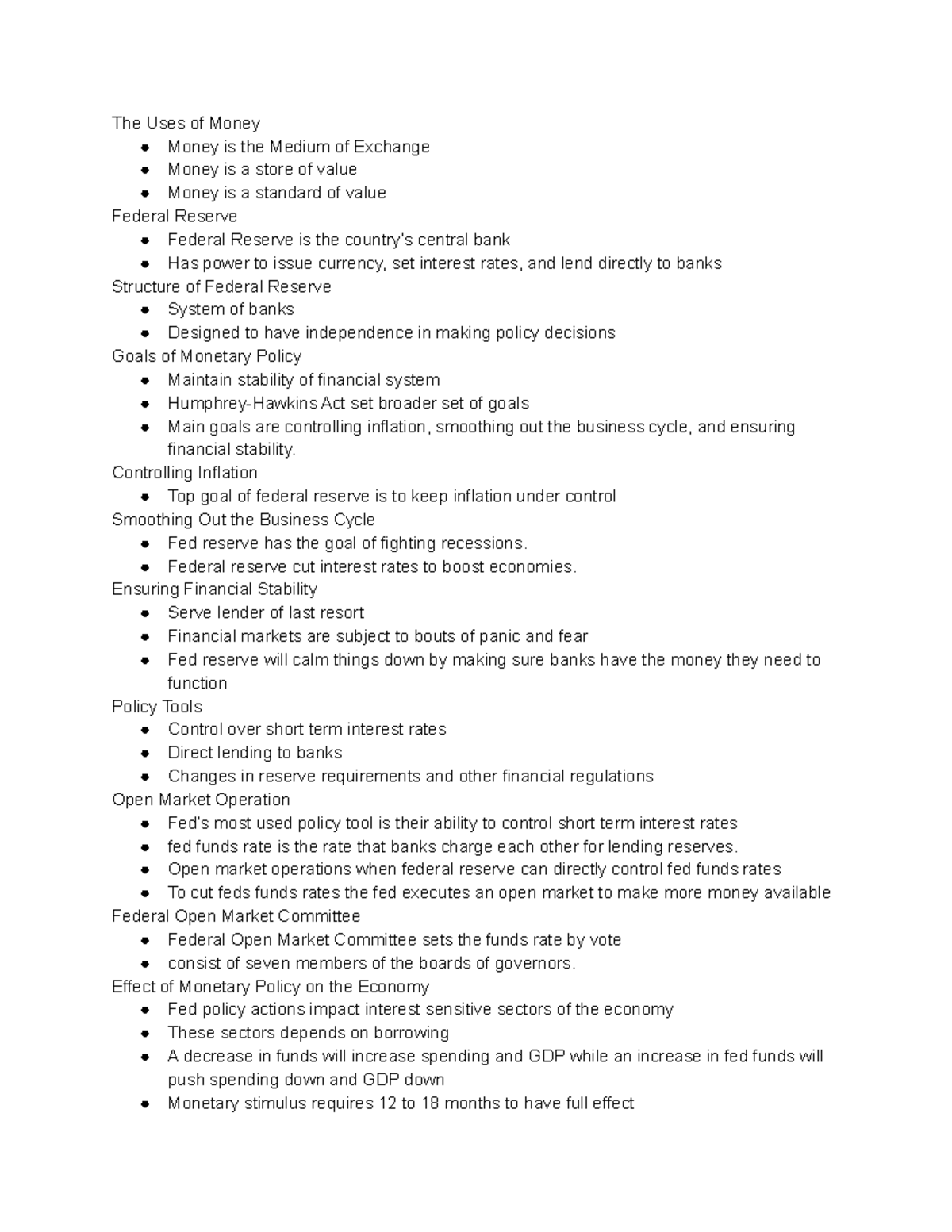 CH 12 Monetary Policy - Lecture notes. - The Uses of Money Money is the ...