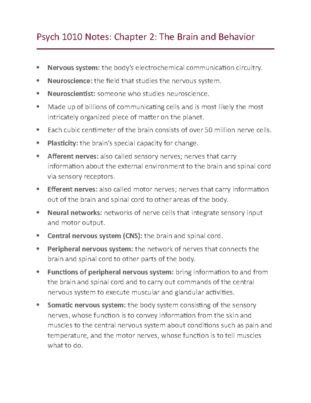 Psych 1010 Notes Chapter 2 - Psych 1010 Notes: Chapter 2: The Brain and ...