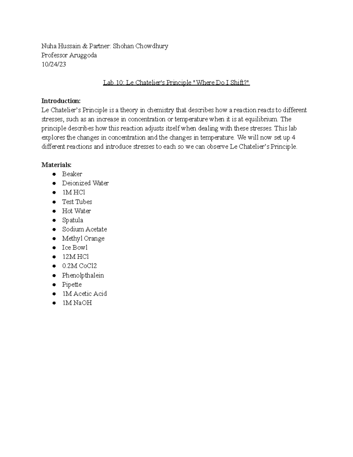 Chem lab 10 lab 10 Nuha Hussain & Partner Shohan Chowdhury