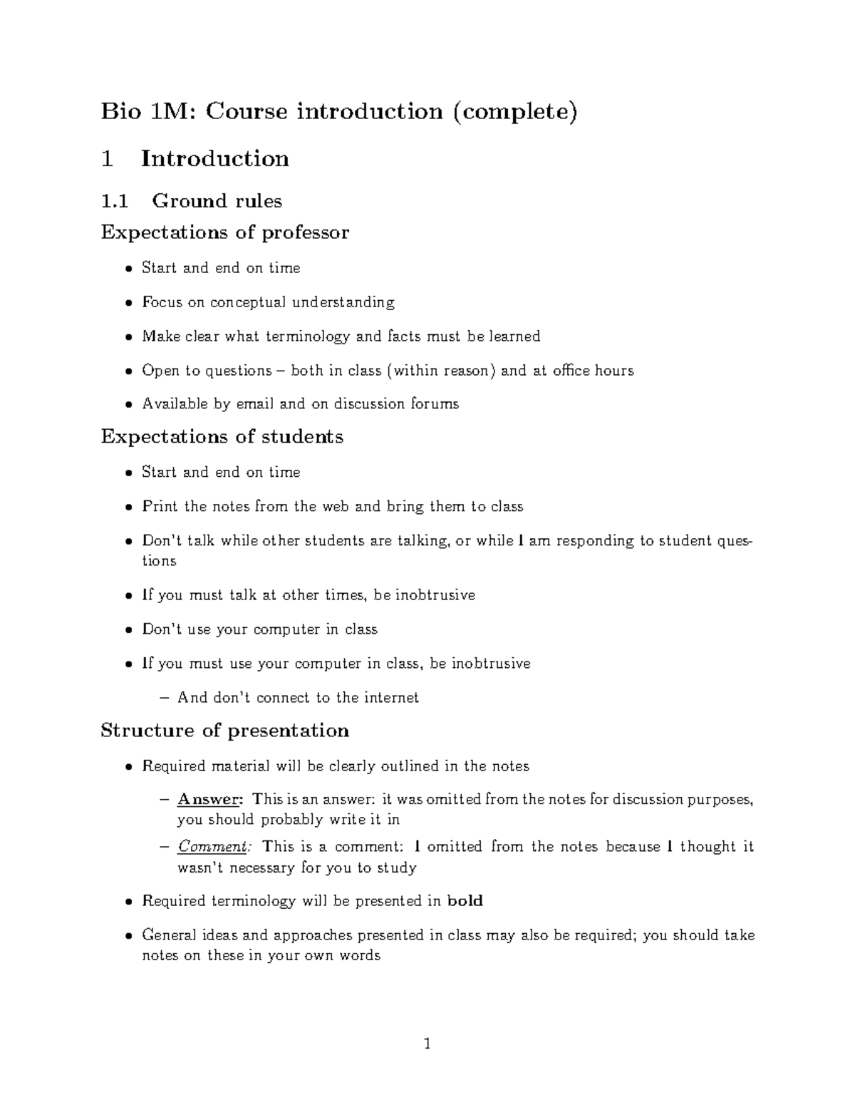 Bio 1M: Course Introduction - Studocu
