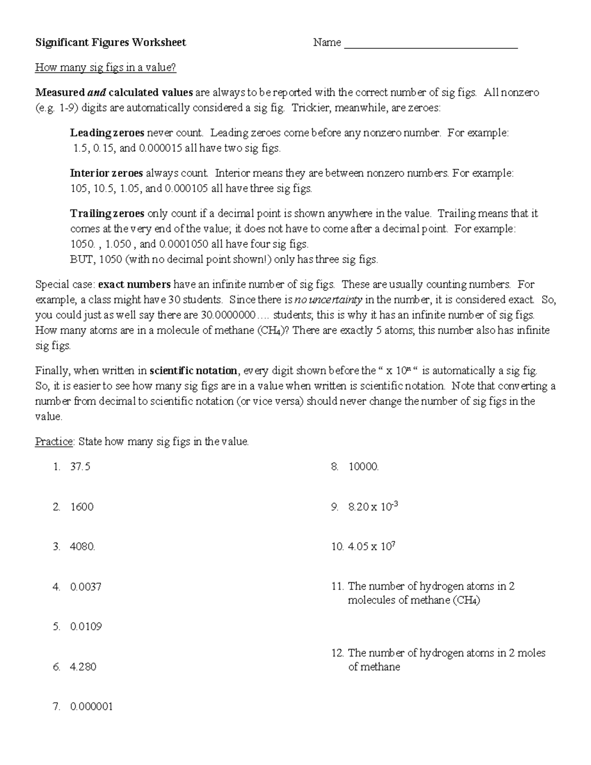 Significant Figures Worksheet All Nonzero e 1 9 Digits Are