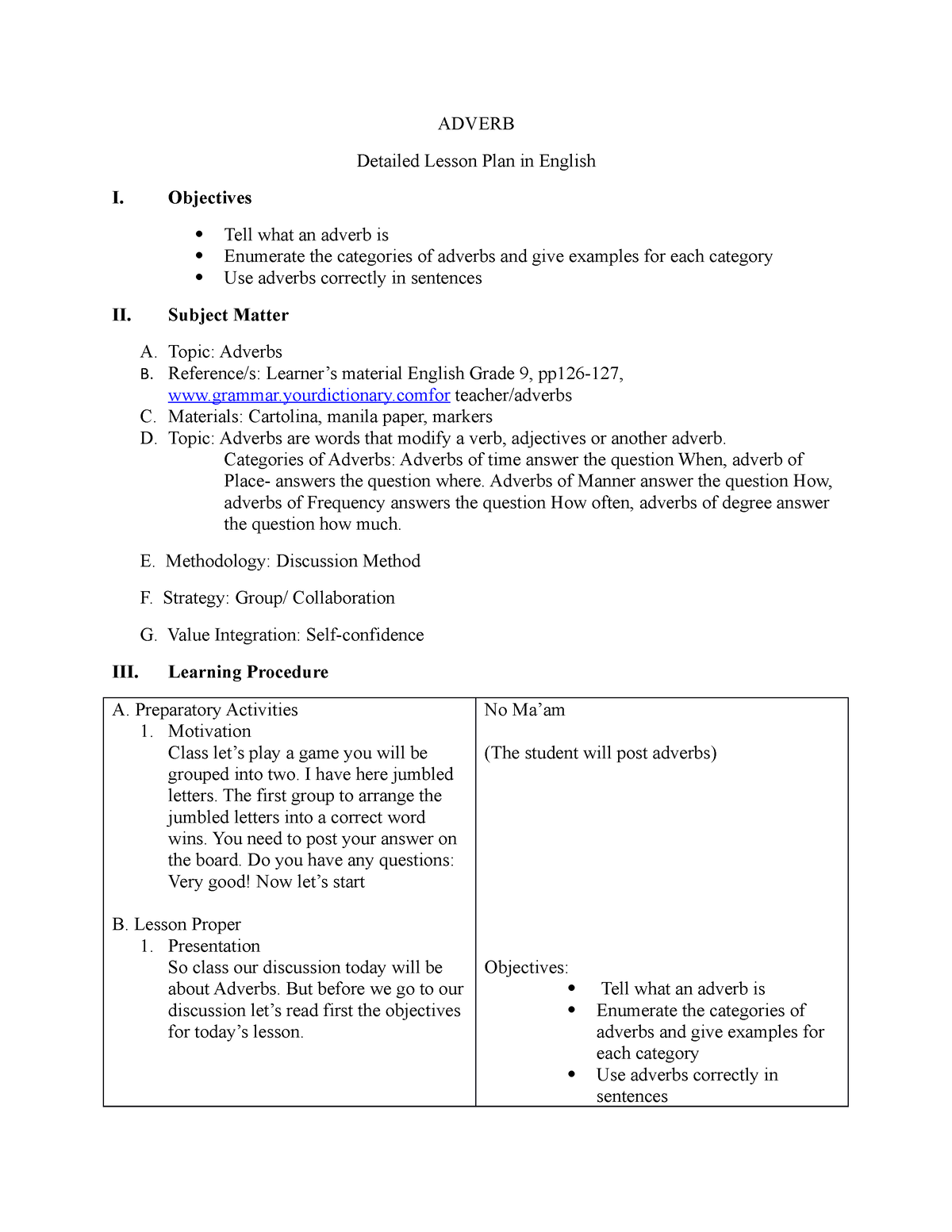 Adverb Detailed Lesson Plan Adverb Detailed Lesson Plan In English I Objectives Tell What An 6568