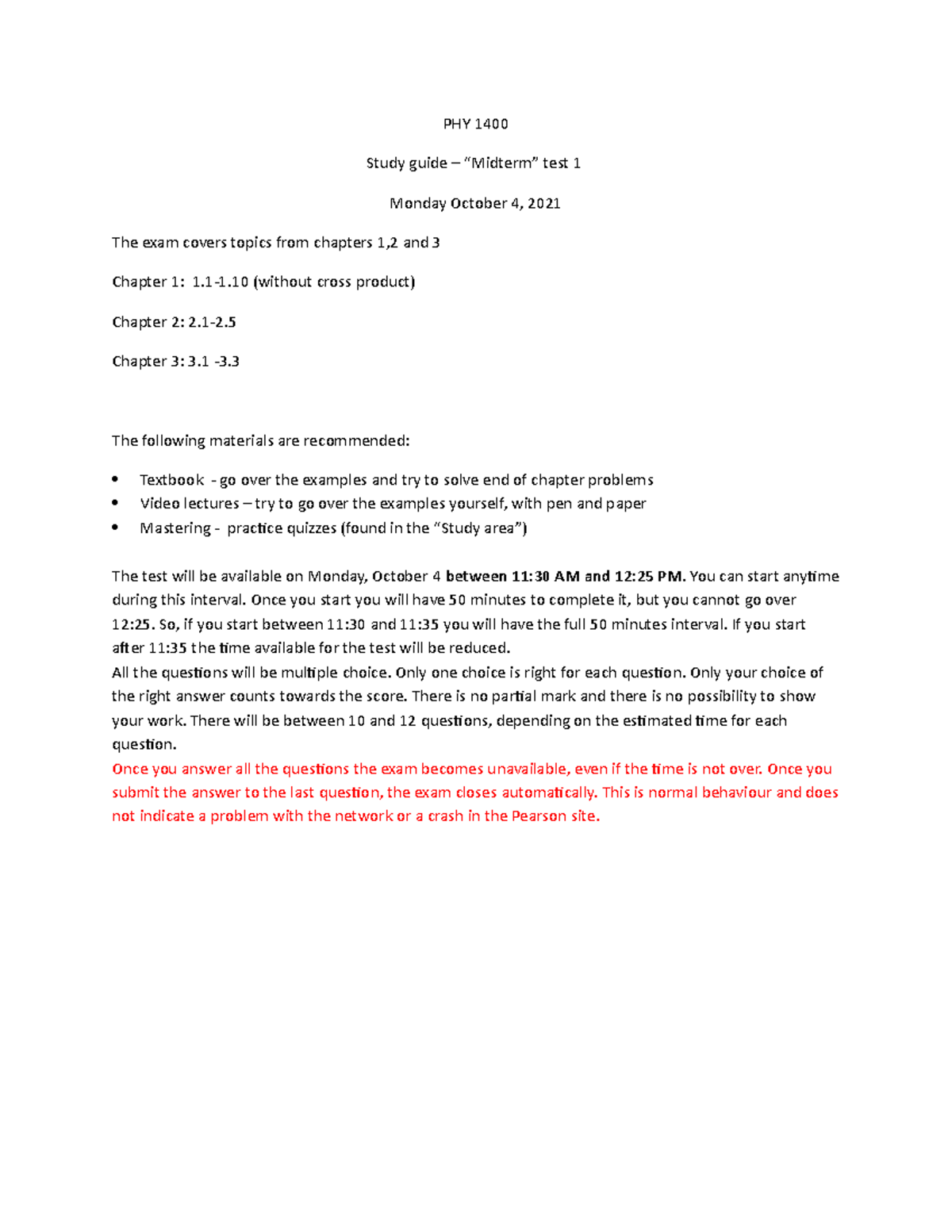 Study Guide - Midterm 1 - PHY 1400 Study guide – “Midterm” test 1 ...
