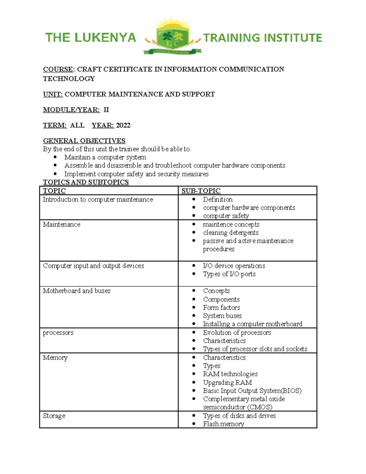 Computer Maintenance Course Outline Format COURSE CRAFT CERTIFICATE