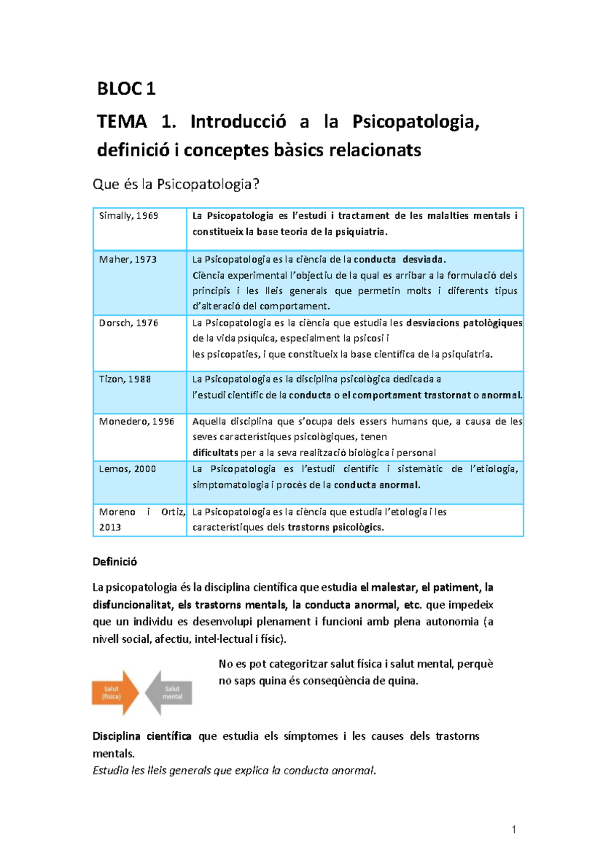 BLOC 1- Introducció A La Psicopatologia - BLOC 1 TEMA 1. Introducció A ...