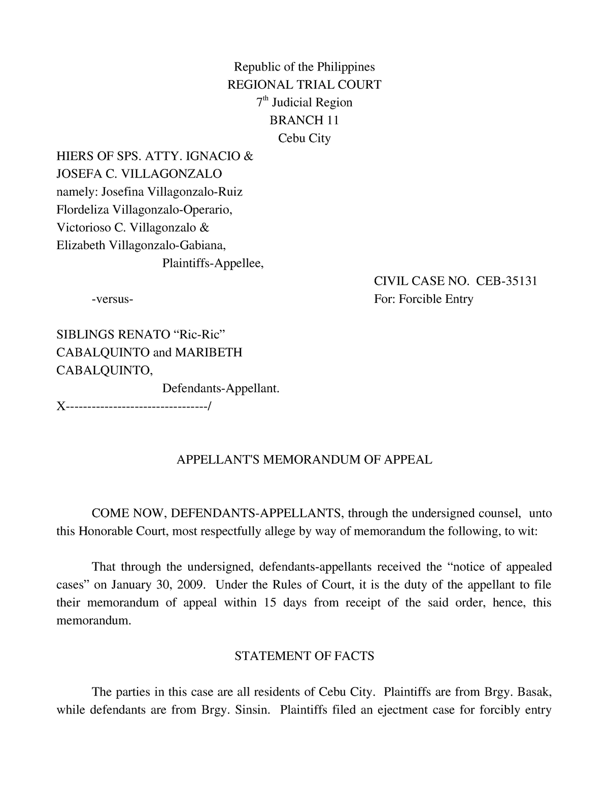 memorandum of appeal - Republic of the Philippines REGIONAL TRIAL COURT ...