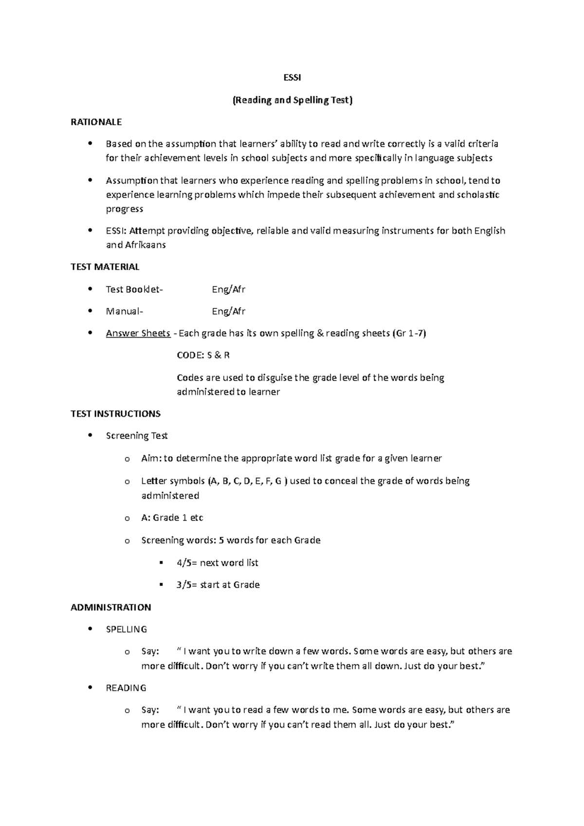 ESSI Psychometric Test - ESSI (Reading and Spelling Test) RATIONALE ...