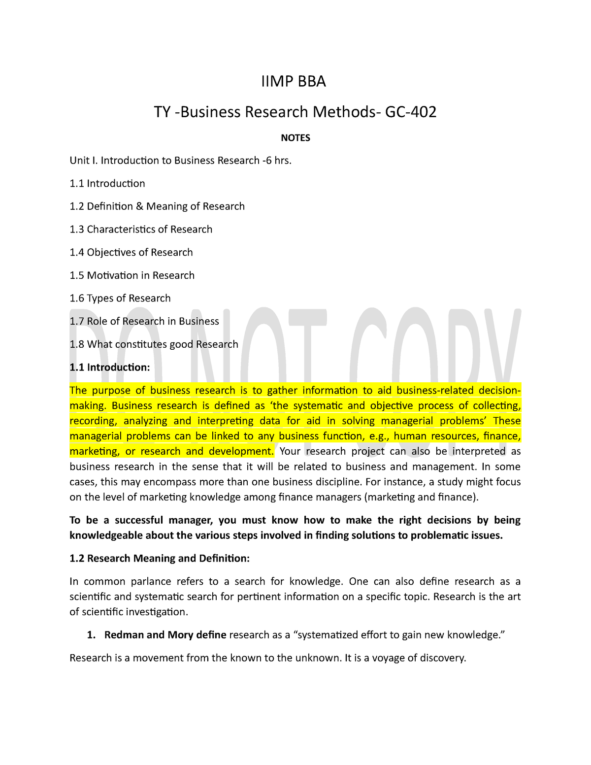 BRM Unit 1 - Business Research Methods Chapter - IIMP BBA TY -Business ...