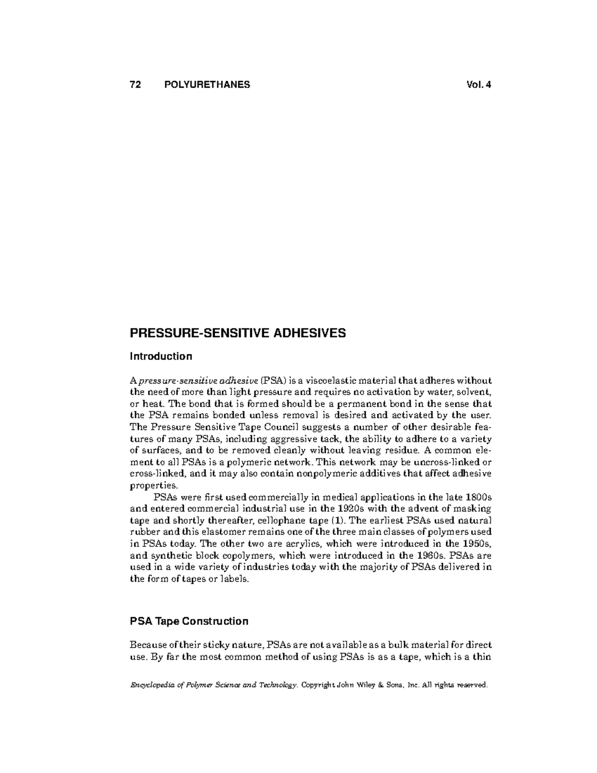 PressureSensitive Adhesives 72 POLYURETHANES Vol. 4 PRESSURE