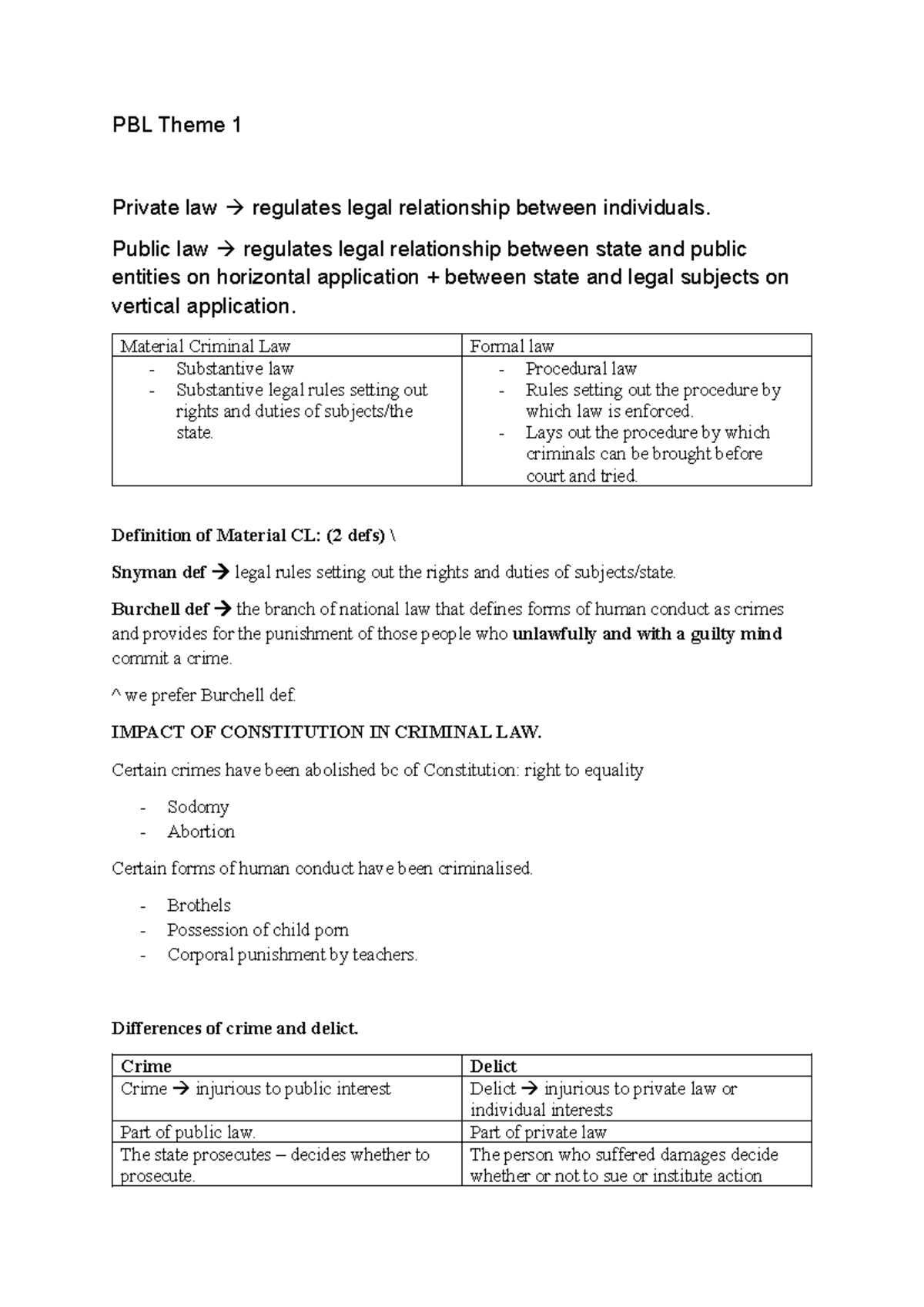 PBL Theme 1 - Summary Public law - PBL Theme 1 Private law regulates ...