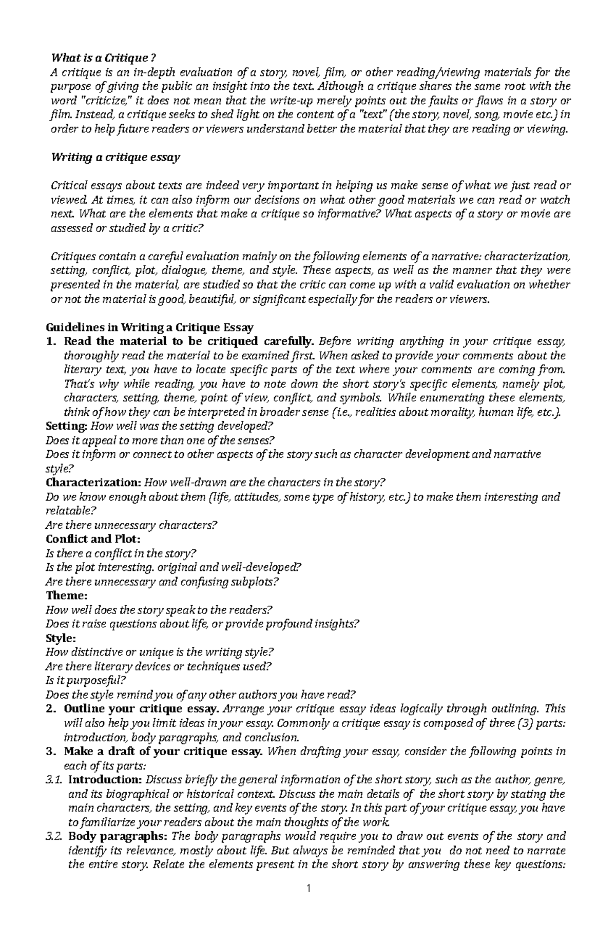 Critique Essay Handouts - What is a Critique? A critique is an in-depth ...