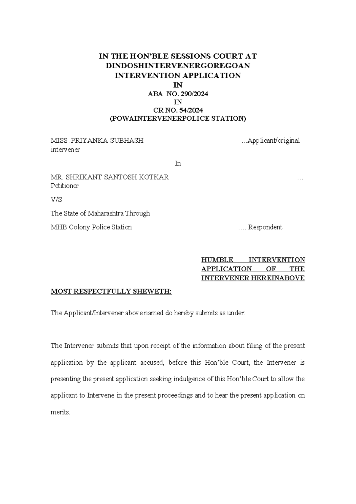 Intervention application - IN THE HON’BLE SESSIONS COURT AT ...