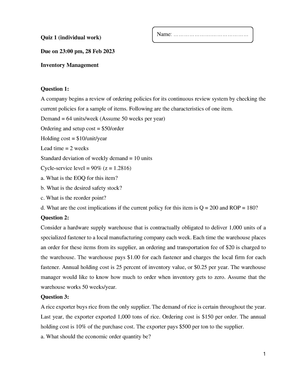 Quiz 1 - Supply Chain Management - 1 Quiz 1 (individual Work) Due On 23 ...