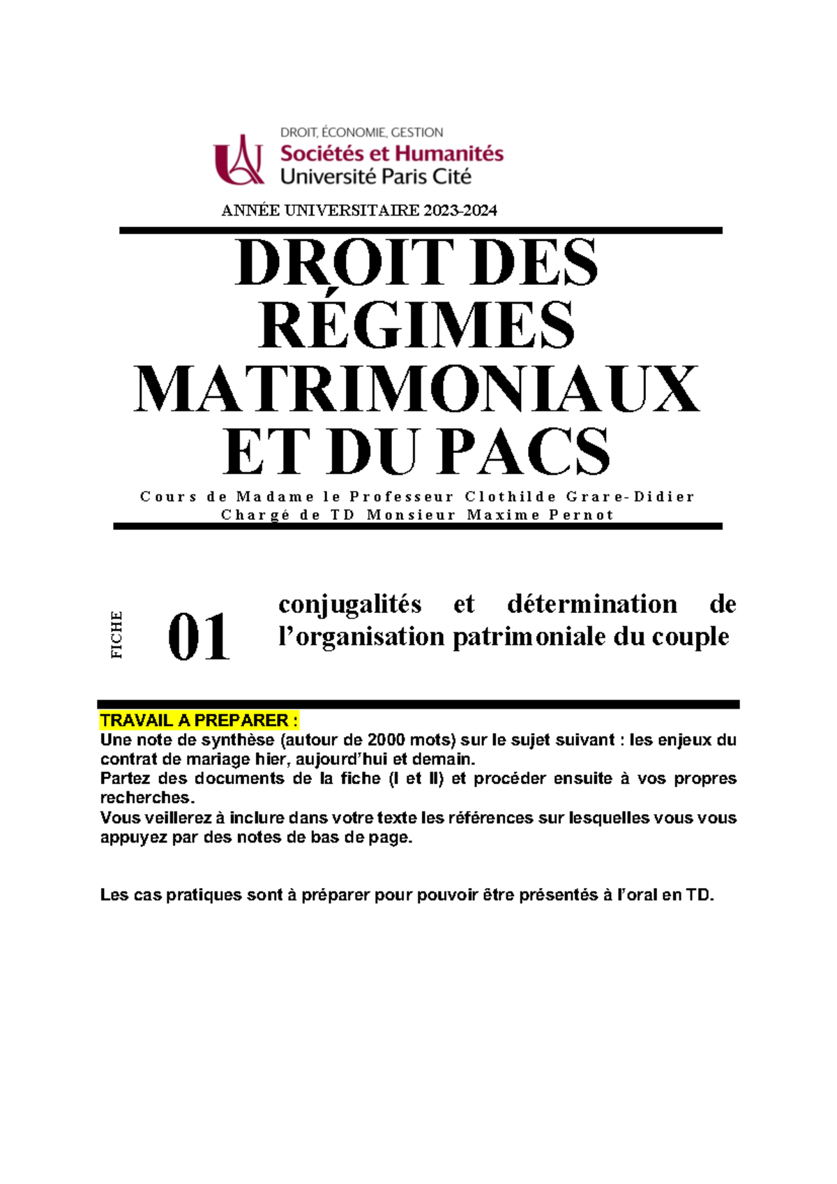 Séance 1 Régime Mat - ANNÉE UNIVERSITAIRE 20 23 - 2024 DROIT DES ...