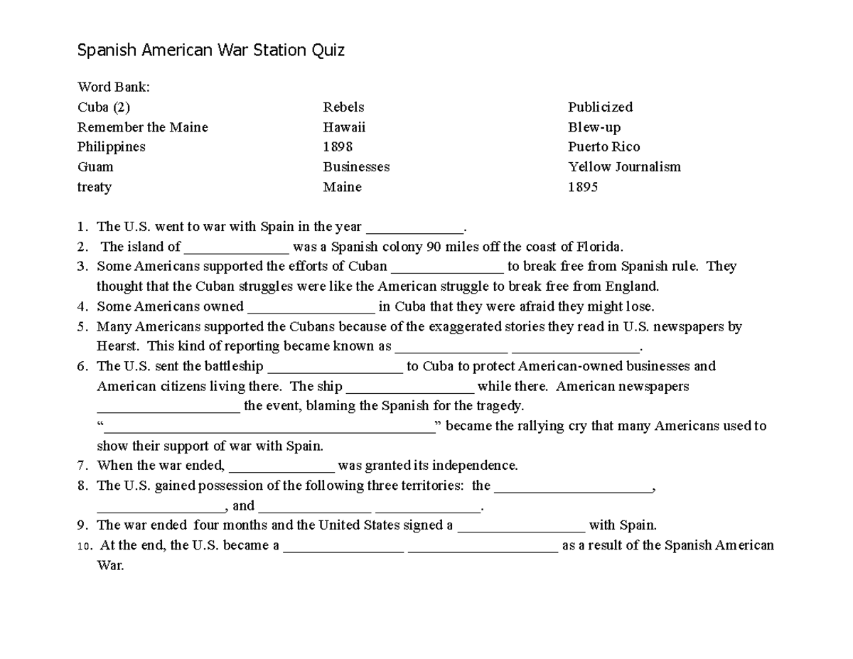 The Spanish American War Station Quiz - Spanish American War Station ...