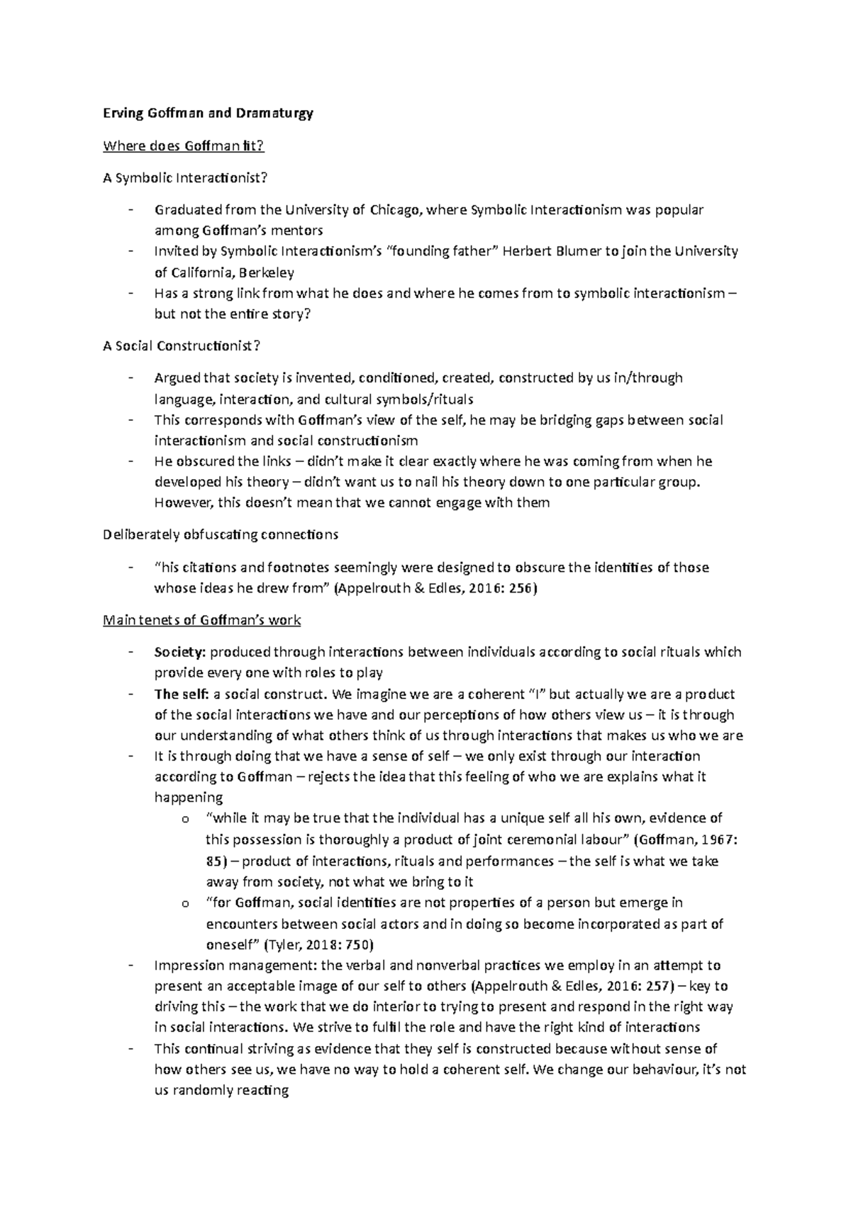 Lecture 8 Goffman and Dramaturgy - Erving Goffman and Dramaturgy Where ...