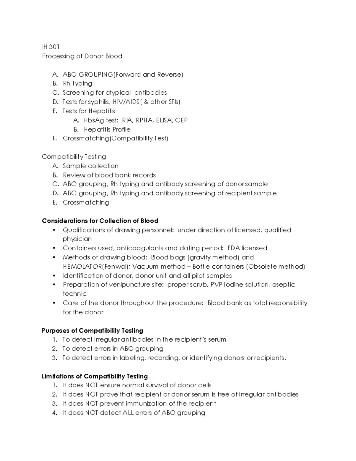 Ih 301 Donor Blood Processing Ih 301 Processing Of Donor Blood A Abo