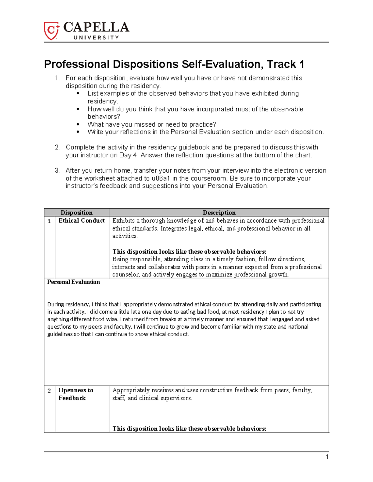 Professional Dispositions - For each disposition, evaluate how well you ...