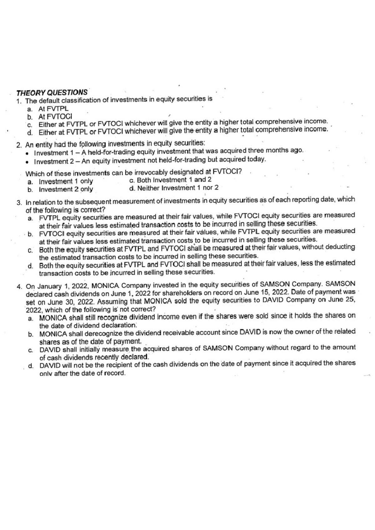 Investment IN Equity SEC - THEORY QUESTIONS 1. The default ...