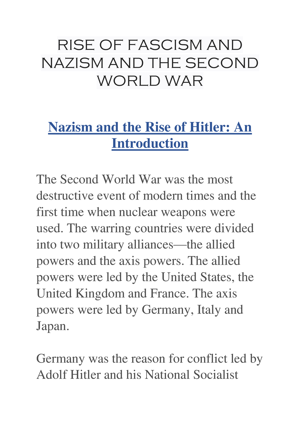 Rise Of Fascism And Nazism And The Second World War - RISE OF FASCISM AND NAZISM AND THE SECOND ...