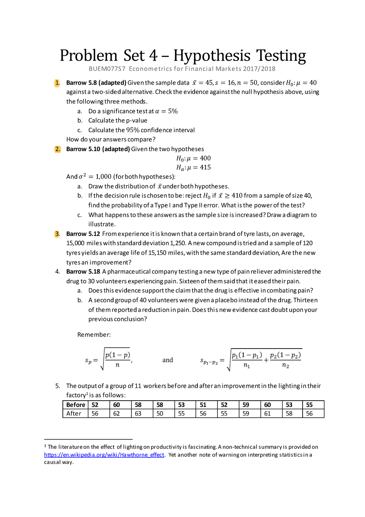 Problem Set 4 Hypothesis Testing - Problem Set 4 Hypothesis Testing ...