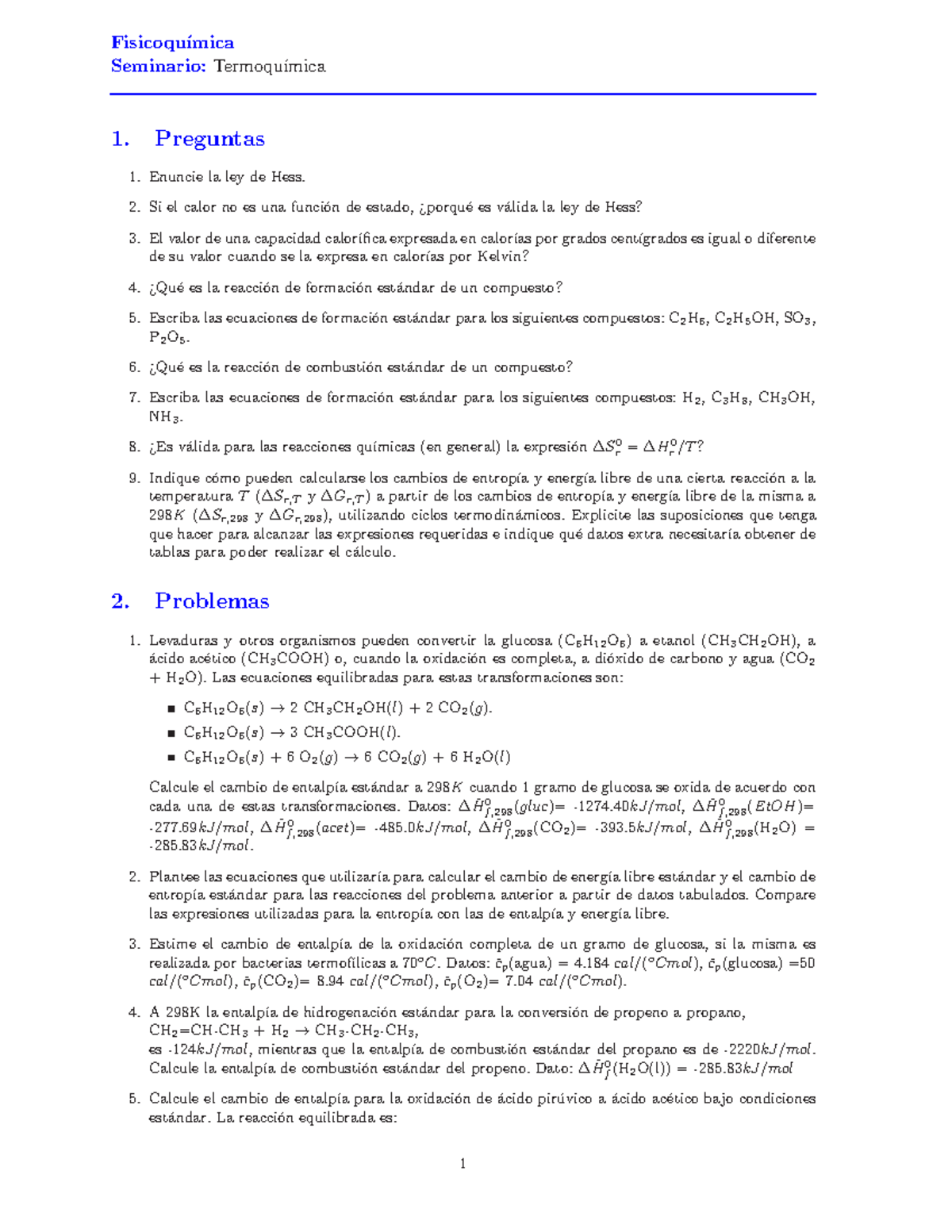 Seminario Termoquimica - Fisicoqu ́ımica Seminario:Termoqu ́ımica 1 ...