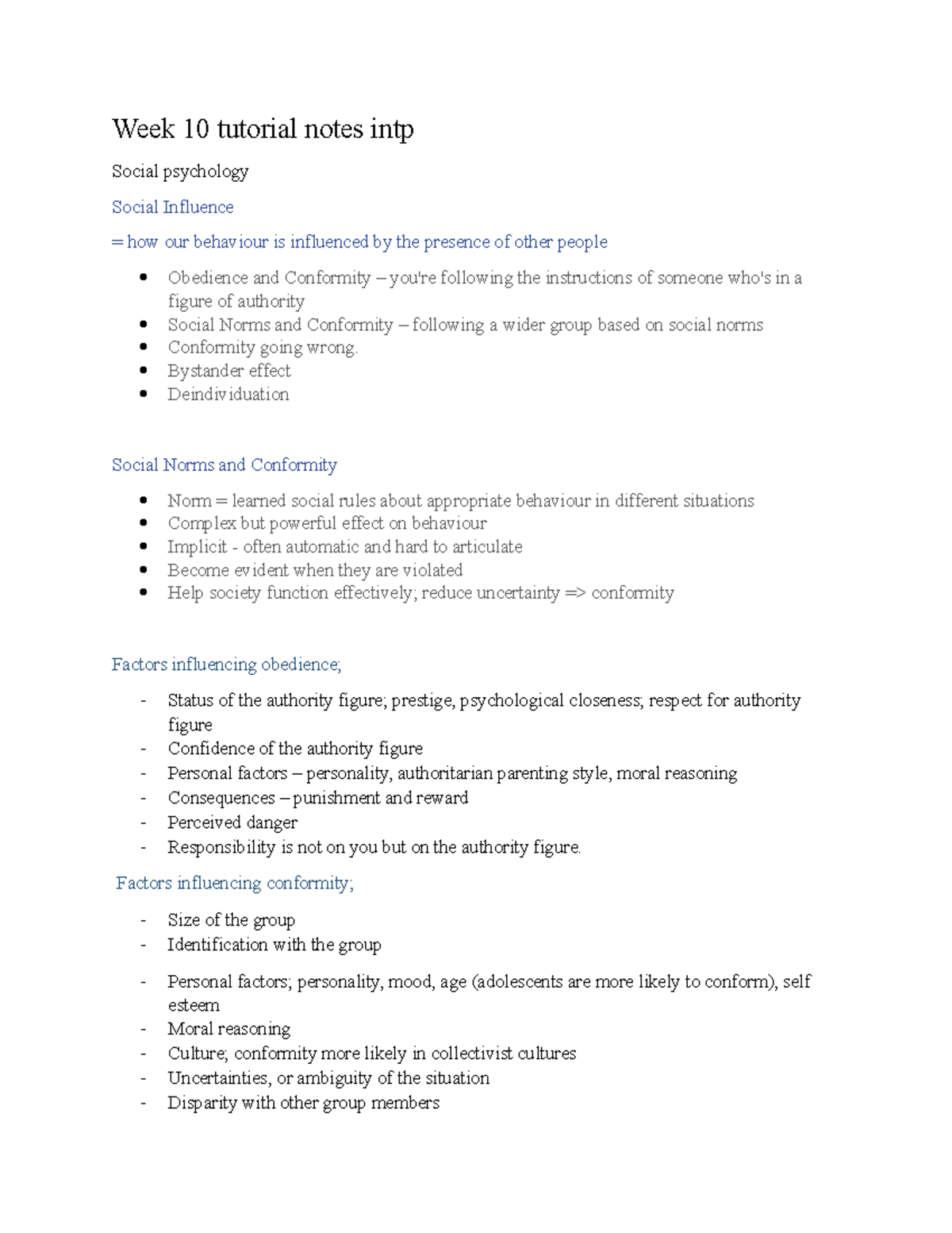 Week 10 tut notes intp - Week 10 tutorial notes intp Social psychology ...