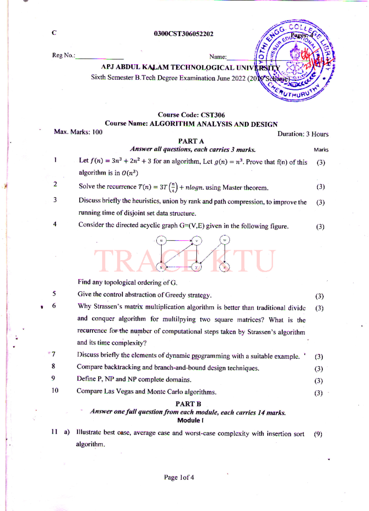 CST306 Algorithm Analysis AND Design, JUNE 2022 - C Reg No.: 0300csT ...