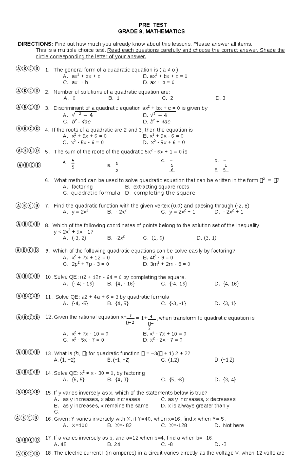 PRE TEST MATH 9 1 - PRE TEST MATH 9 1 - PRE TEST GRADE 9, MATHEMATICS ...