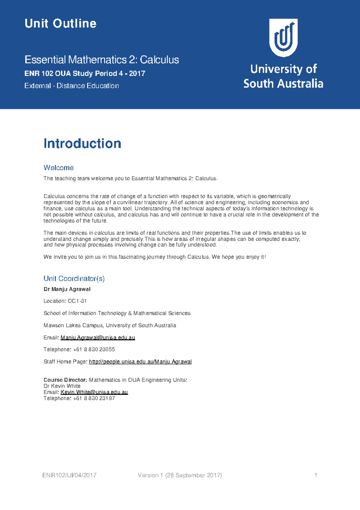 Essential Mathematics 2 Calculus Unit Outline - Unit Mathematics 2: 102 ...